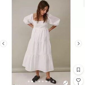 Faithfull the Brand White Midi Dress with Puff Sleeves